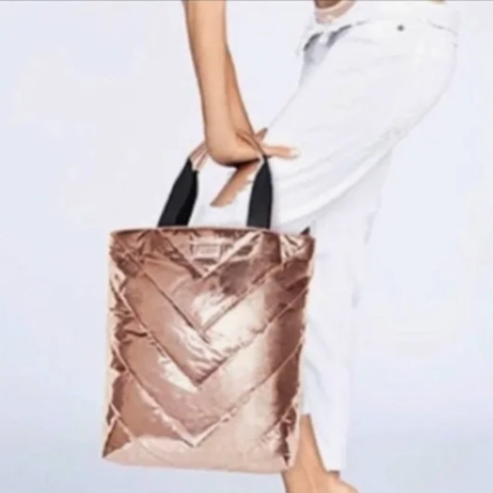 Victoria's Secret Rose Gold Quilted Tote with Black Handles
